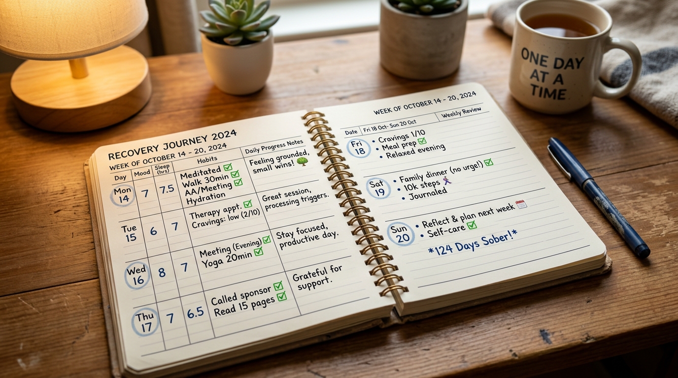 Woman using the 3-month recovery window productively with structured journaling practice