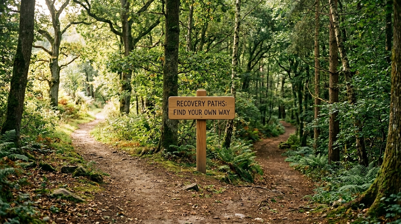 Diverging paths representing individualized breakup recovery timelines