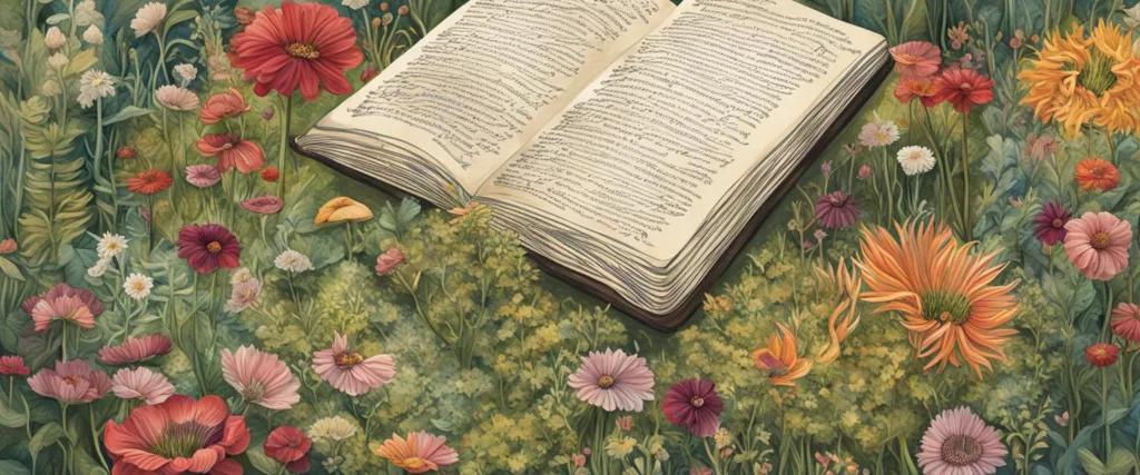 An open journal with its pages turning into a lush garden, where words and sentences grow like plants and flowers. This image portrays journaling as nurturing a garden of ideas, thoughts, and personal growth.