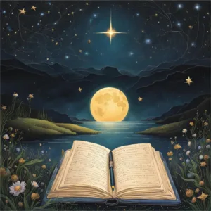 A mystical image of an open journal and pen illuminated in a tranquil, starlit night. The stars and constellations in the sky seem to connect with the words on the journal's page, creating a magical and symbolic representation of the power of journaling.