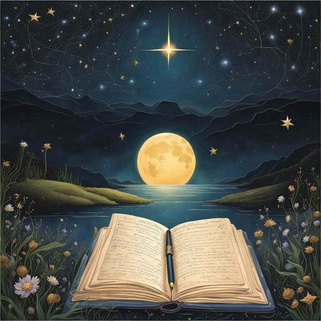 A mystical image of an open journal and pen illuminated in a tranquil, starlit night. The stars and constellations in the sky seem to connect with the words on the journal's page, creating a magical and symbolic representation of the power of journaling.