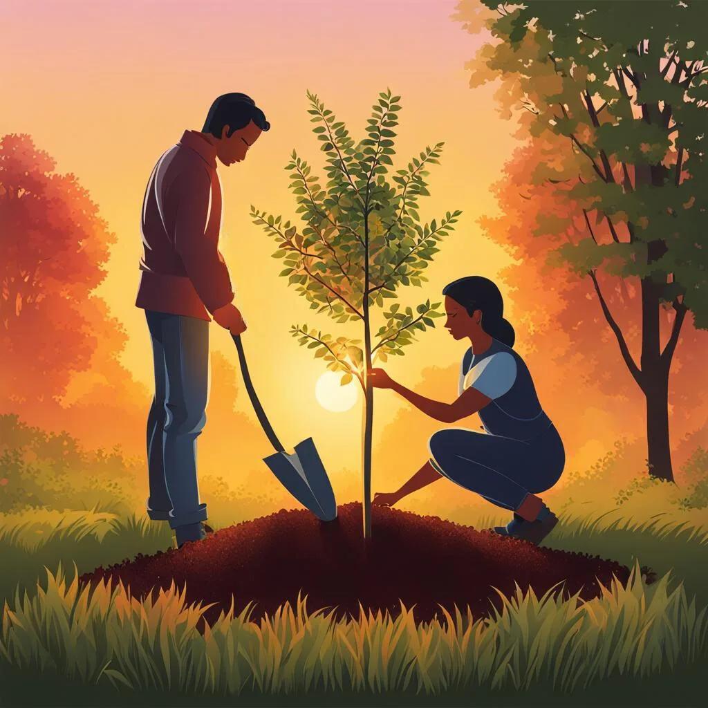 Support a Friend Through a Breakup: A tranquil scene of two friends planting a new tree in a garden at sunrise, symbolizing growth and new beginnings. The warm colors of the sunrise and the act of nurturing a young plant together convey support and hope after a breakup.