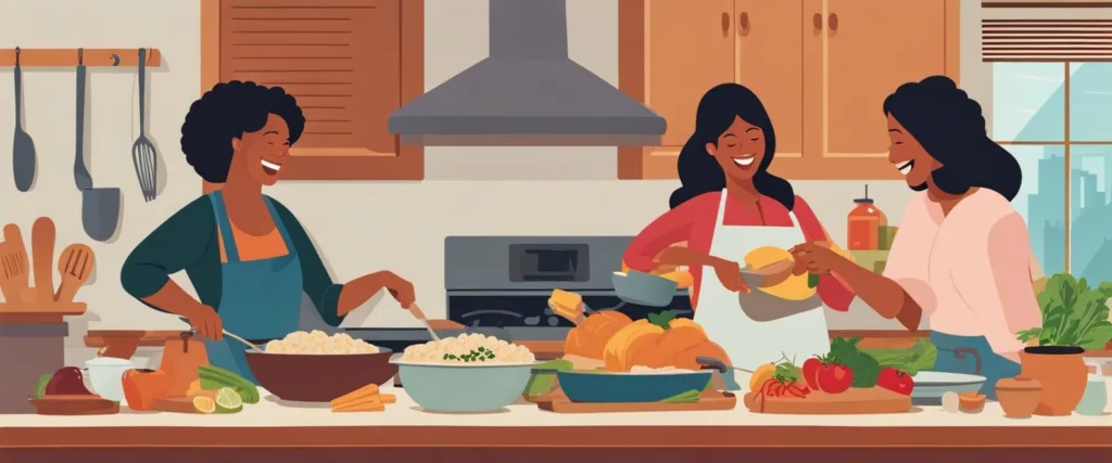 How to Support a Friend Through a Breakup: An image of friends cooking a meal together in a kitchen filled with laughter and chatter. The scene represents finding joy in simple activities and the therapeutic effect of cooking and sharing a meal, conveying a sense of comfort and camaraderie after a breakup.