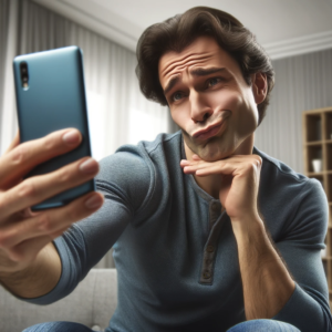An image of a person trying to look overly charming or artificial while taking a selfie for an online dating profile.