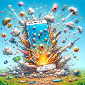 Breakup Text: a whimsical scene where a smartphone is in the initial stages of exploding, but in a playful and exaggerated manner.