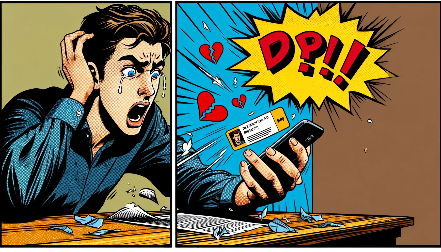 Breakup texts: a comic-style image depicting someone reacting to a breakup text.