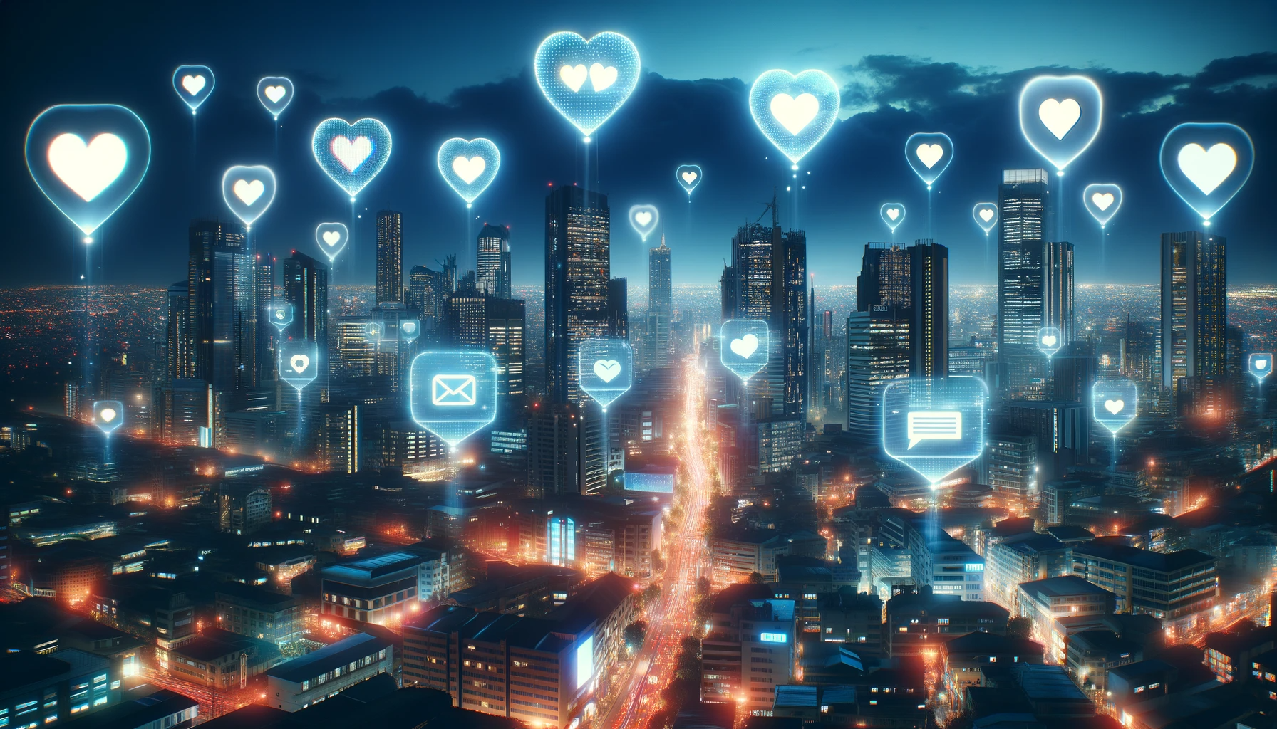 Dating Apps: A modern cityscape at night, illuminated by various lights from buildings and streets. Across the skyline, glowing heart shaped digital balloons.