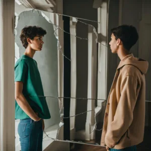 Friendship Breakup: two friends standing on opposite sides of a cracked mirror.