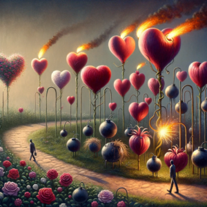 Love bombing: a garden with heart-shaped flowers, some blooming beautifully representing genuine love, and others with fuse wicks indicating love bombs.