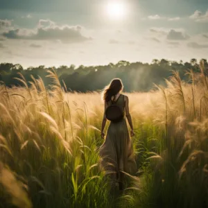 Mindfulness: Woman walking in a field at sunset