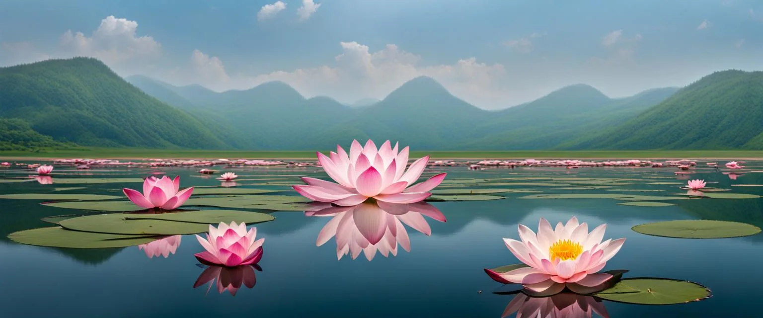 mindfulness, emotional healing: Lotus on the lake with a mountain view.