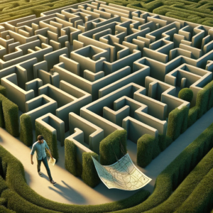 Overcome Dating Anxiety: Image representing navigating the dating world as a person walking through a complex, intricate maze.