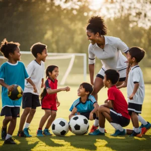Heartbreak-recovery: An individual coaching happy children playing soccer.