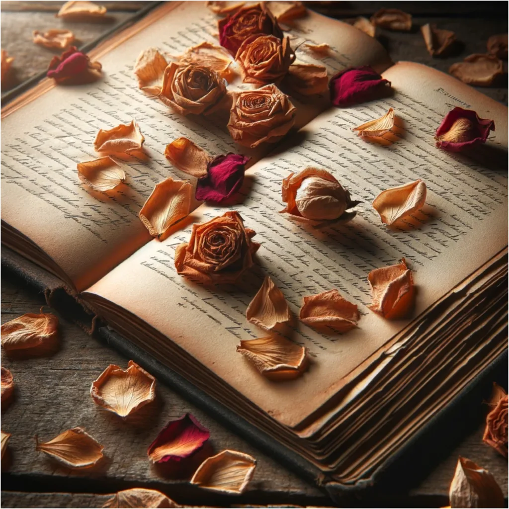 Breakup Quotes: Scattered, dried rose petals on an open book of poetry or a diary, symbolizing lost romance and lingering memories of a past love.