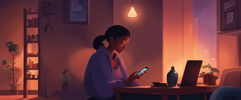 Post-Breakup Isolation: a person sitting in a dimly lit room, looking contemplative and a bit melancholic.