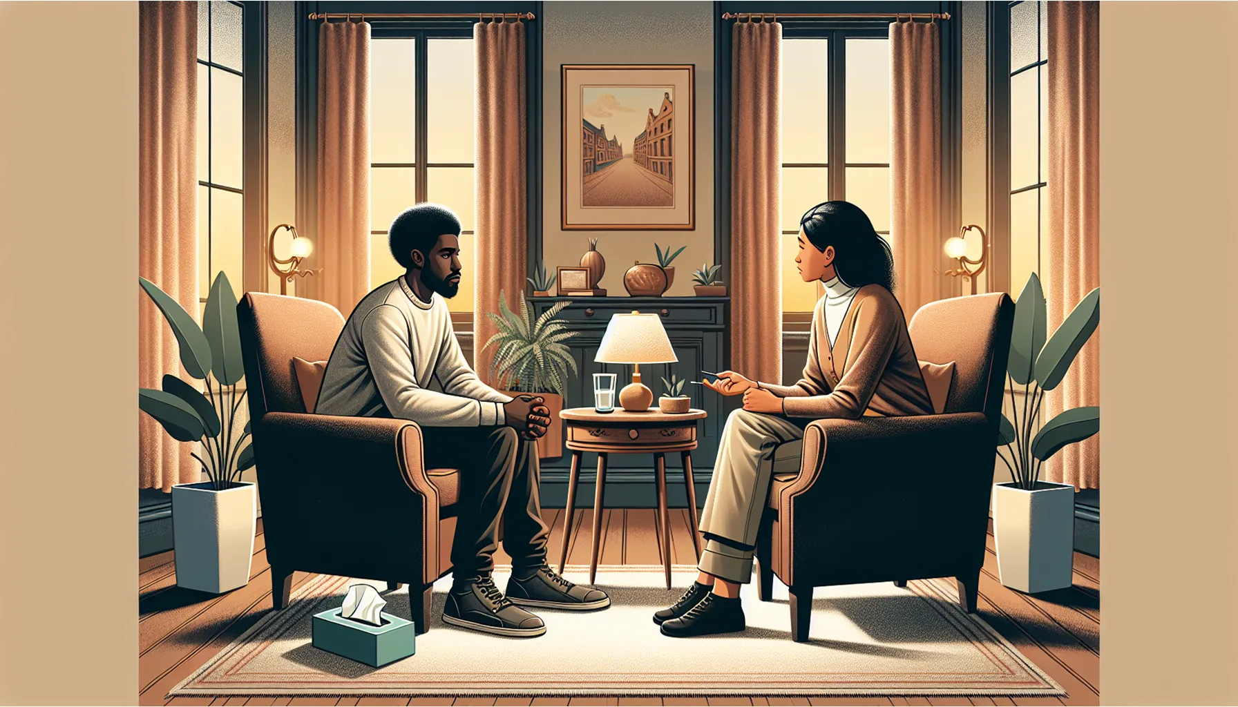 Support System: A man is seated facing a professional counselor.