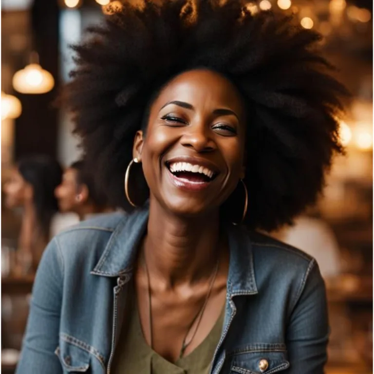 Effective Online Dating Profile: A candid shot of a 35-year-old black woman laughing with friends at a cozy café.