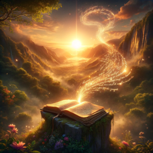 therapeutic writing: a beautiful, serene landscape, an old, worn journal rests atop a cliff bathed in the warm glow of a setting sun.