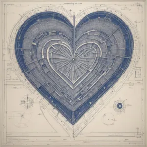 A blueprint drawing that metaphorically represents the concept of love, designed to resemble the shape of a heart.