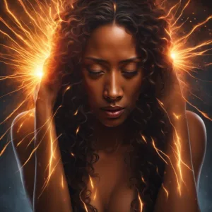 Heartbreak Recovery: a mixed-race person where their tears are subtly transforming into small, delicate sparks of light and energy.