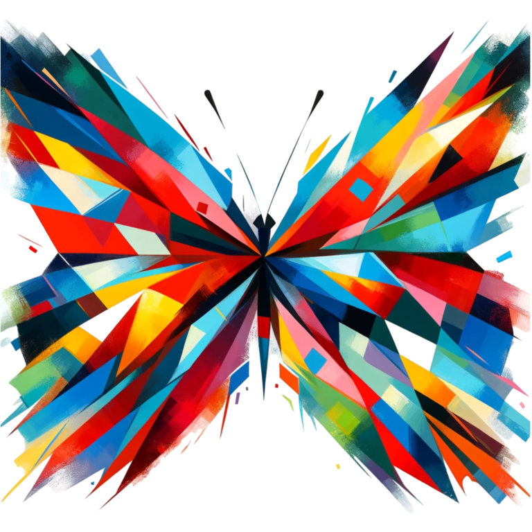 A geometric butterfly depicted in the style of Abstract Expressionism. The butterfly has bold, geometric shapes and vibrant, contrasting colors. The style should emulate the spontaneous, energetic brushwork typical of Abstract Expressionism, with a focus on the emotional and expressive use of color and form.