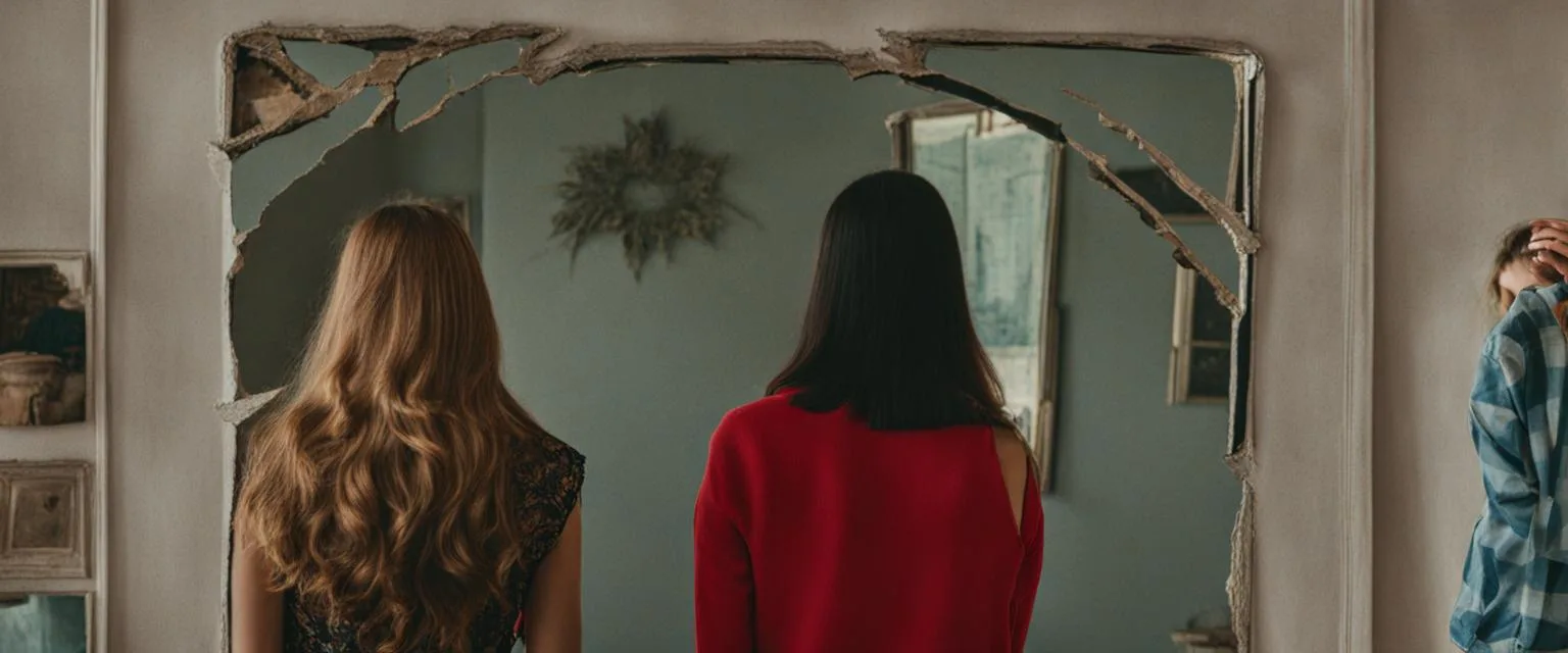 Friendship Breakup: two friends standing on opposite sides of a cracked mirror.