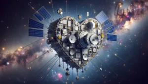 Virtual dating: An illustration of a heart-shaped satellite orbiting in space