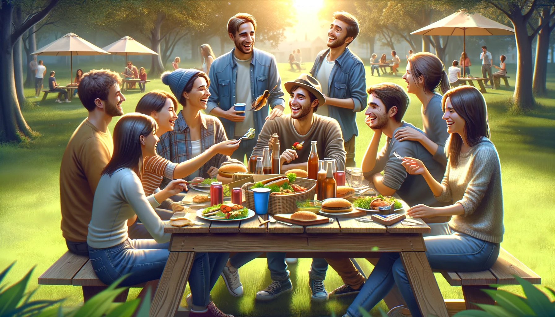Joining New Social Groups: A group of individuals gathered around a picnic table at a park, laughing and enjoying each other's company.