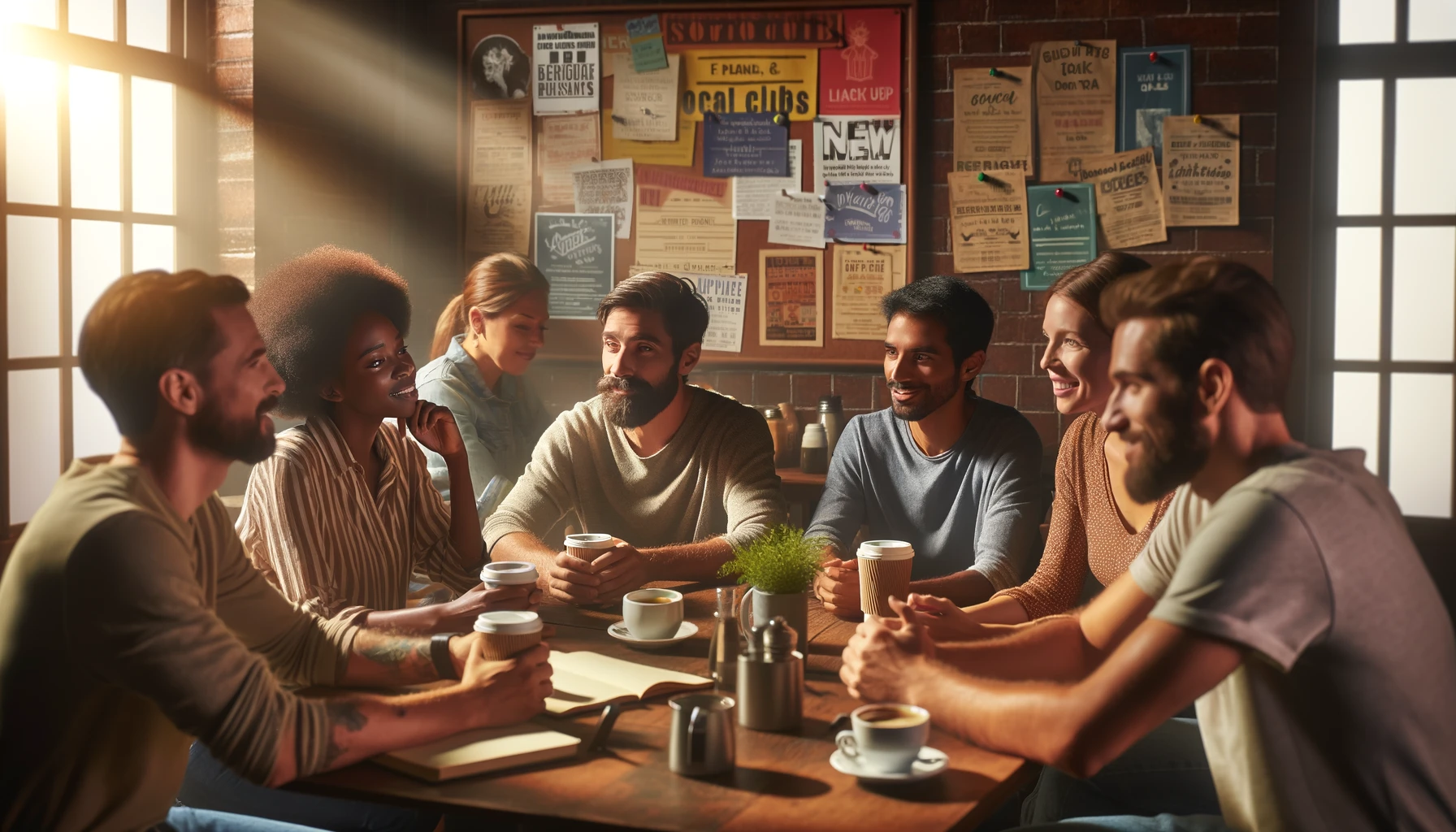 Joining New Social Groups: A diverse group of people engaged in a lively discussion at a coffee shop