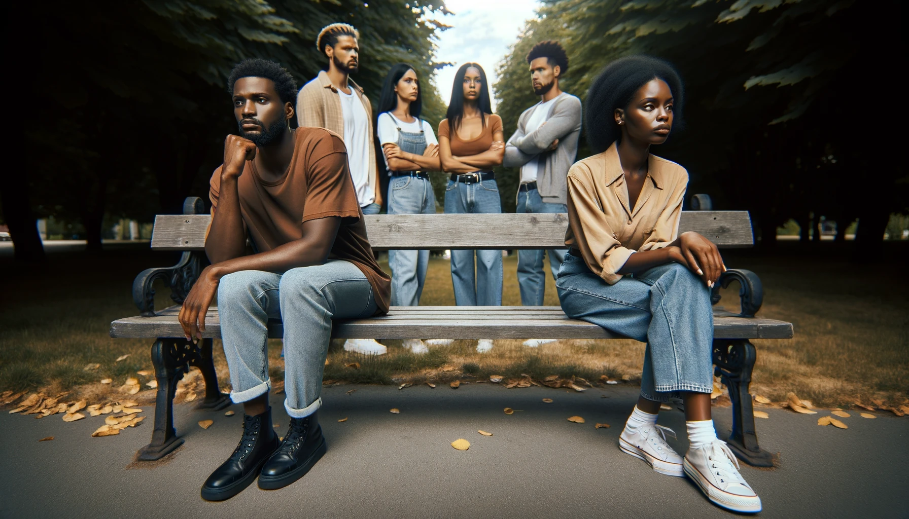Managing Mutual Friends: Two people sitting on opposite ends of a park bench, looking contemplative with a group of friends in the background.