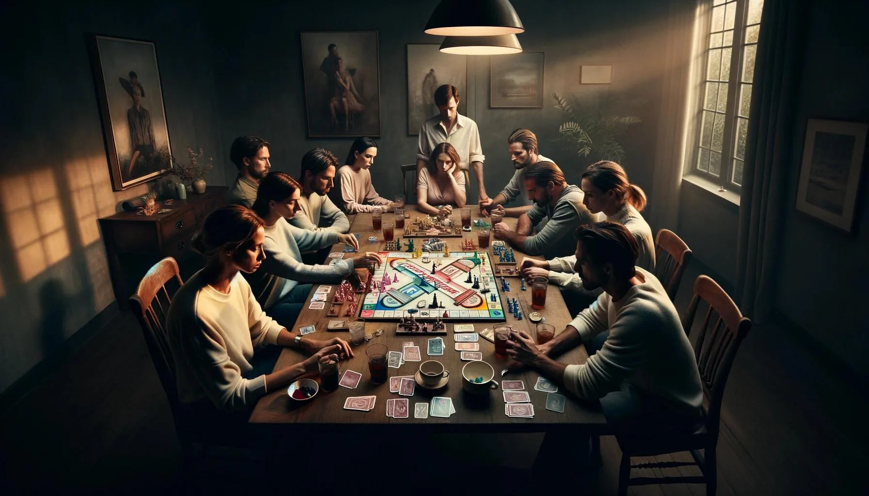 Managing Mutual Friends: A group of friends gathered around a table, engaging in a game where they must choose sides or alliances, reflecting the dynamics of managing mutual friends after a breakup.