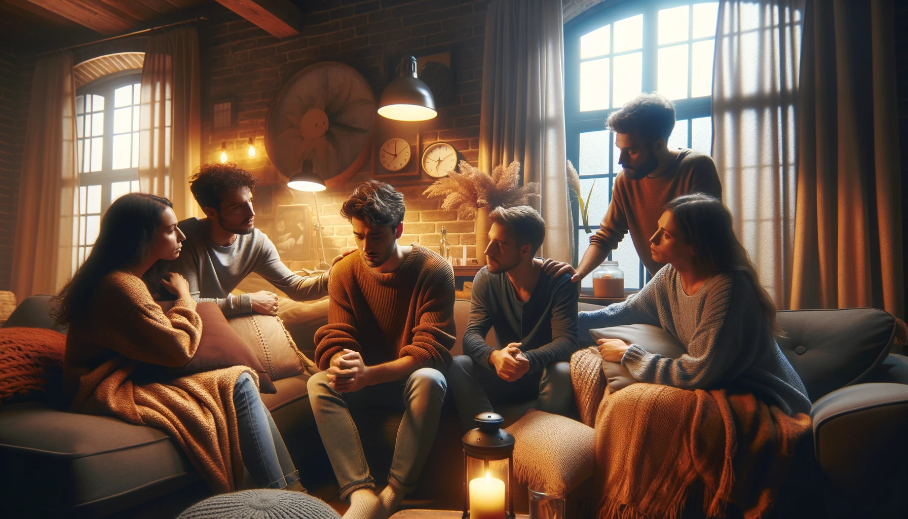 Managing Mutual Friends: An image showing a warm, supportive atmosphere where friends are comforting one individual sitting on a couch.