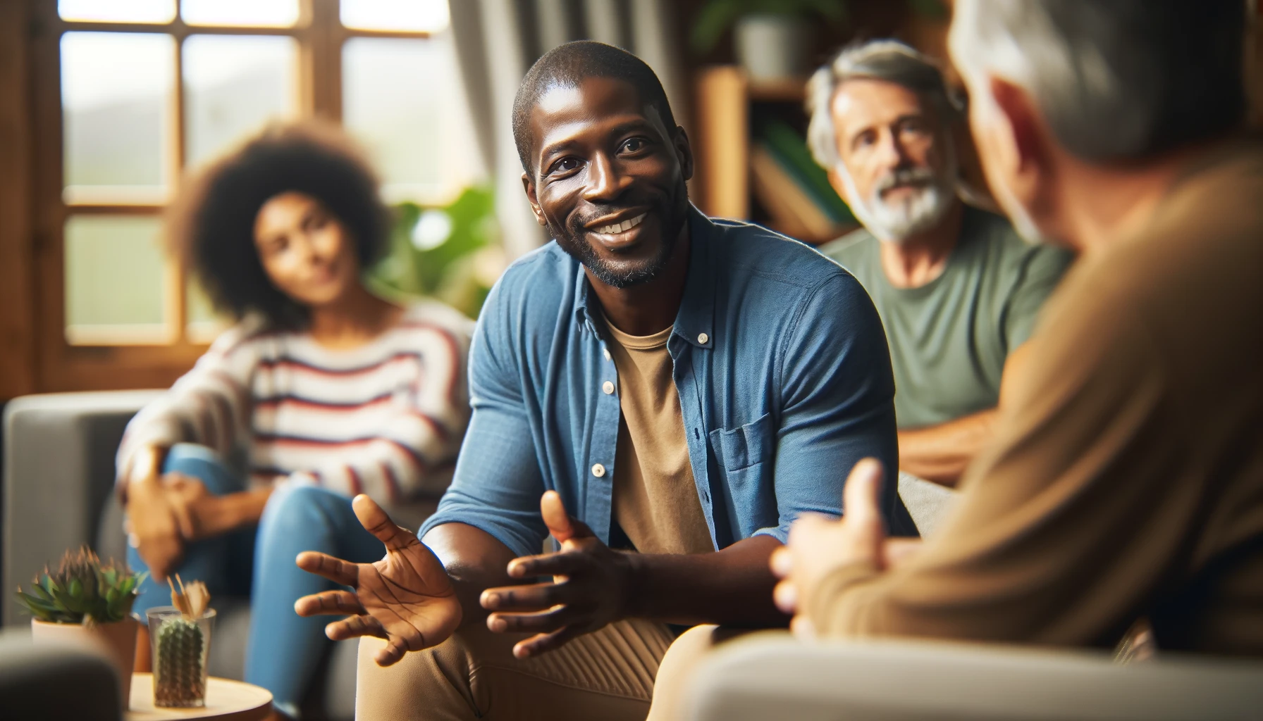 Social confidence: An individual engaging in a group discussion, displaying open body language and a warm smile, showcasing the process of rebuilding social confidence after a breakup.