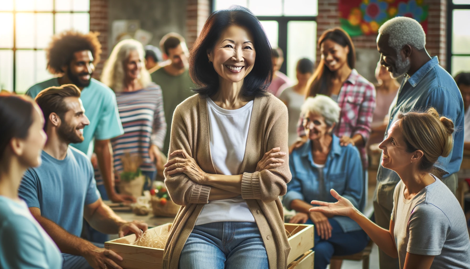 Social confidence: A person participating in a social activity, such as a team-building exercise or group outing, exuding a sense of self-assurance and comfort in social situations as they take steps to rebuild their confidence.