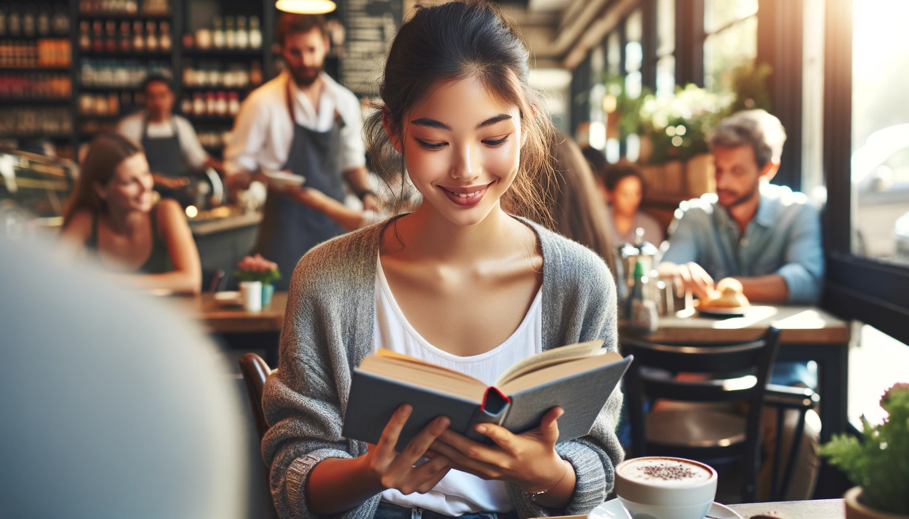 Solo Social Activities: A person sitting at a café table with a book in hand, surrounded by bustling activity.