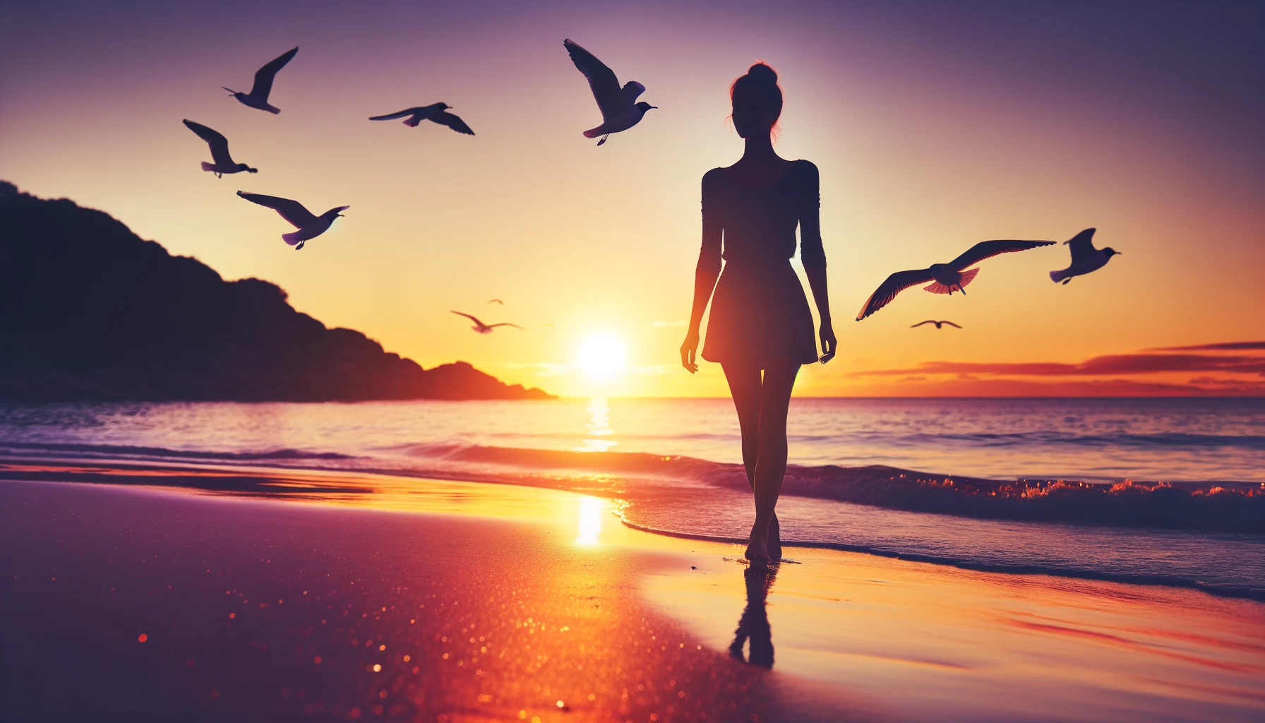 Solo Social Activities: A silhouette of a person walking along a serene beach at sunset, with seagulls flying overhead.