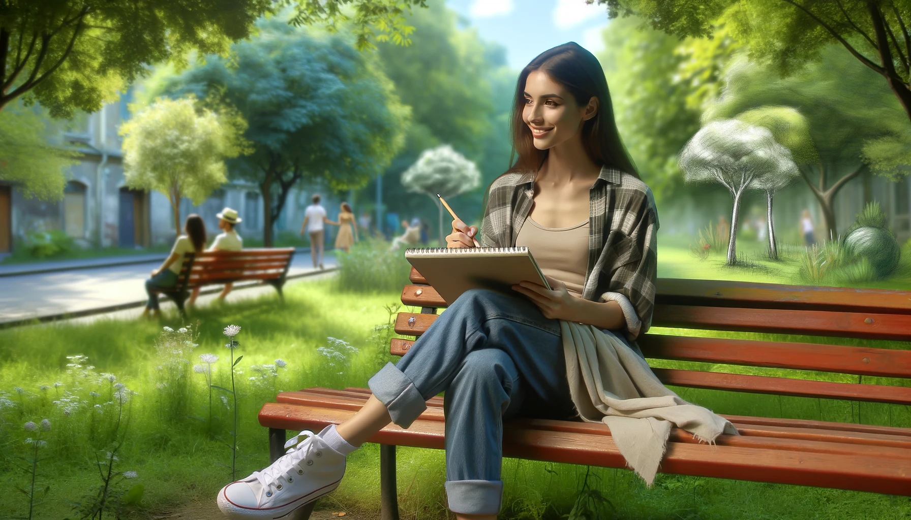 Solo Social Activities: An individual sitting on a park bench, sketching the scenery around them with a smile on their face