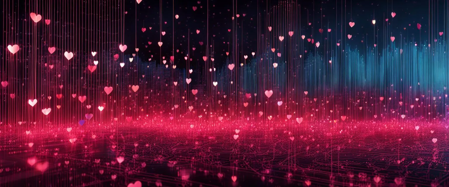 Dating Trends: Abstract image of electronic hearts and circuits.