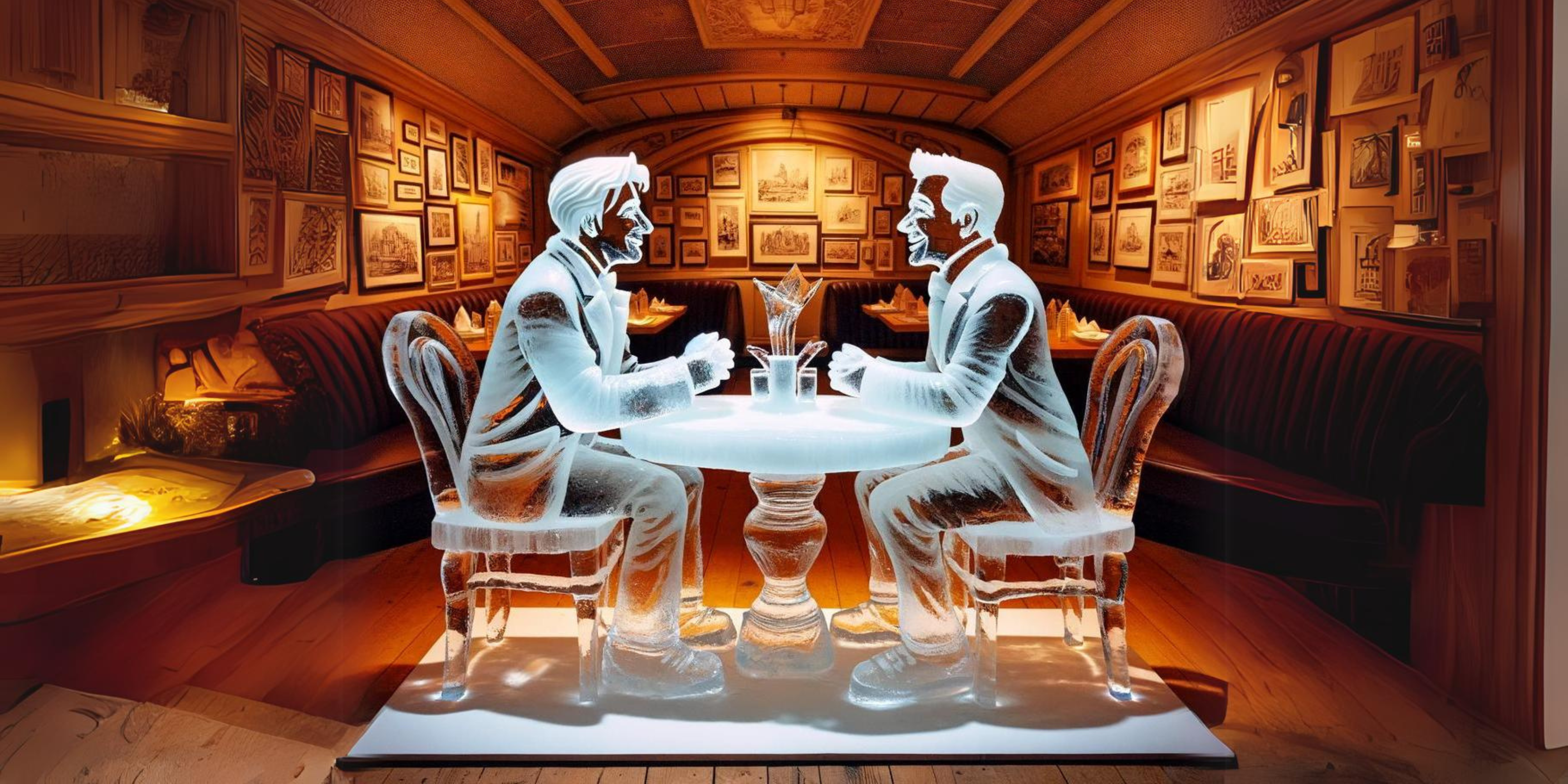 First Date Icebreakers: An illustration of two ice sculptures shaped as two people sitting at a table in a restaurant, serving as a whimsical way to illustrate an 'ice breaker'.