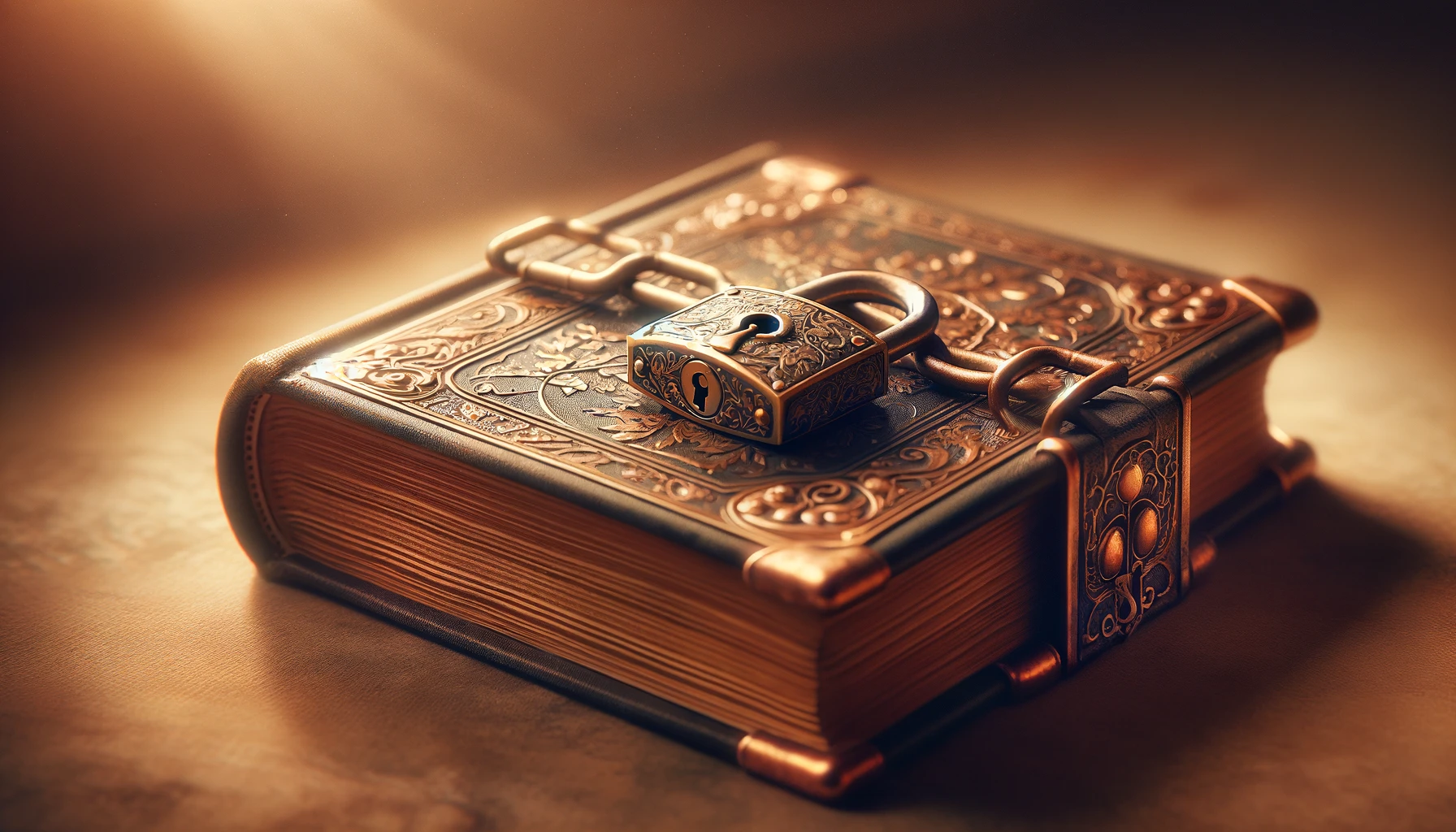 Breakup questions: a closed book, resting on a surface with a vintage, ornate lock securing it.