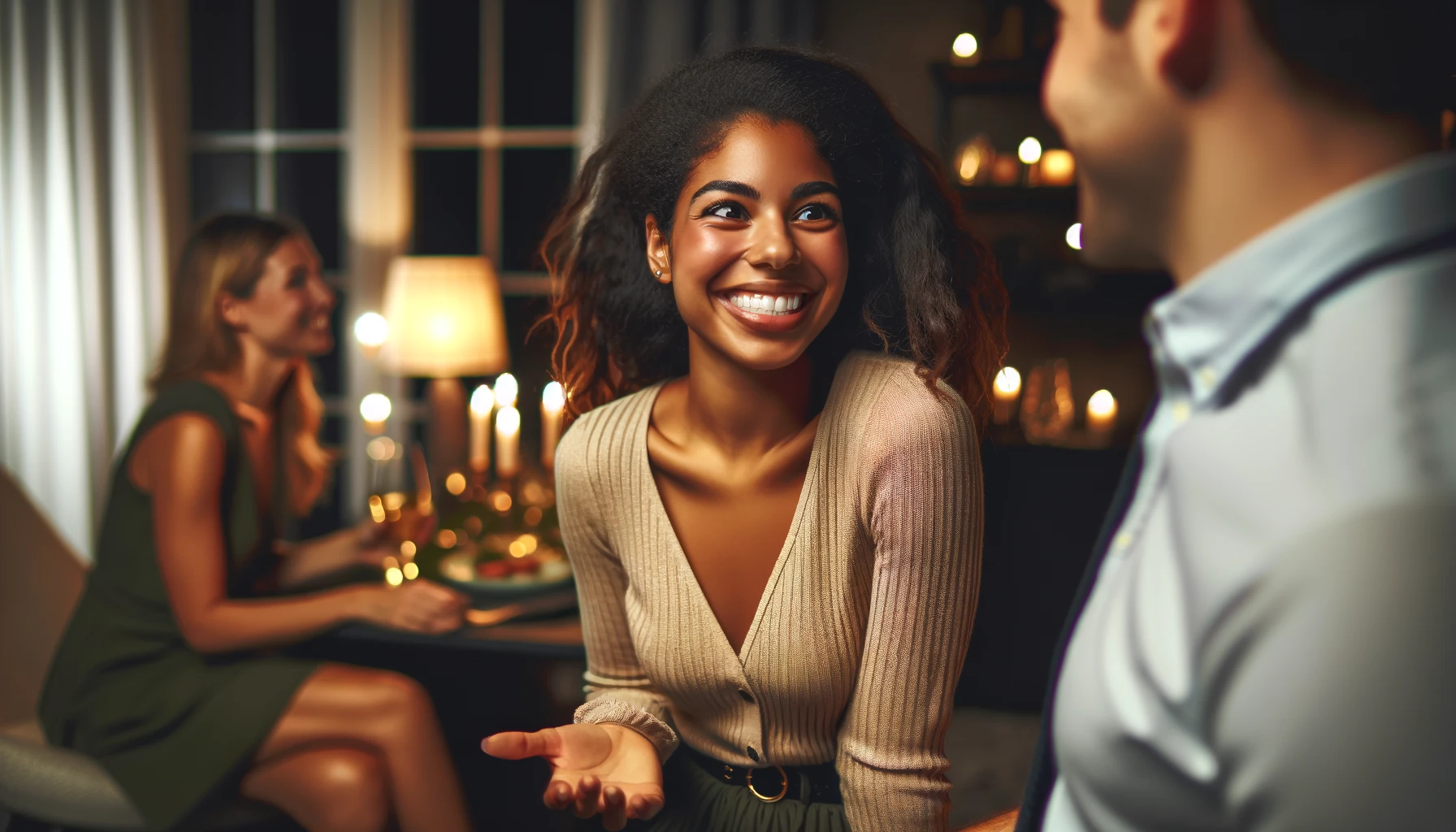 Navigating Parties Alone: A solo partygoer engaging in a lighthearted conversation with a welcoming host, showcasing the potential for enjoyable and meaningful interactions at social events.