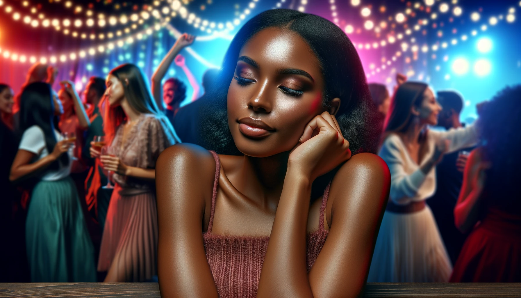 Navigating Parties Alone: A person savoring a moment of quiet reflection amidst the energy of a lively party, illustrating the ability to find comfort and contentment while navigating social gatherings alone.