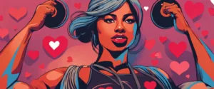 post-relationship workout plan: a female figure lifting dumbbells shaped like hearts, symbolizing the strength gained from overcoming emotional challenges.