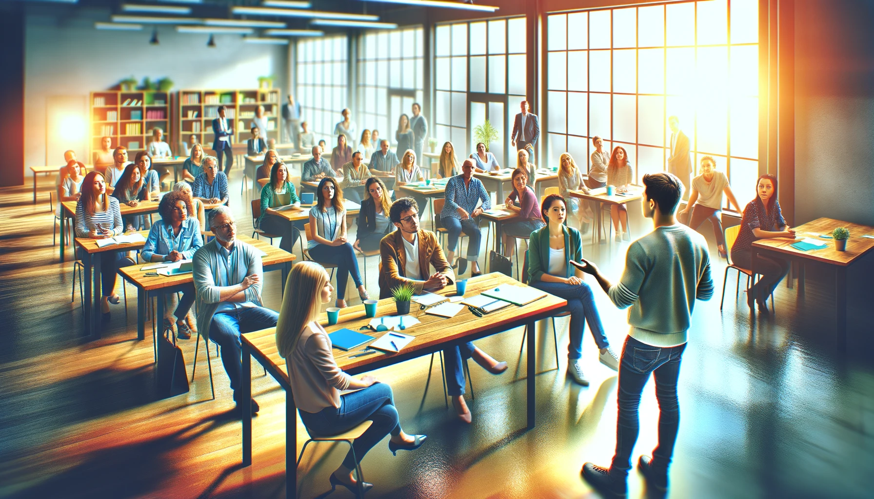 Developing New Social Hobbies: A person attending a workshop or class, surrounded by interested participants.