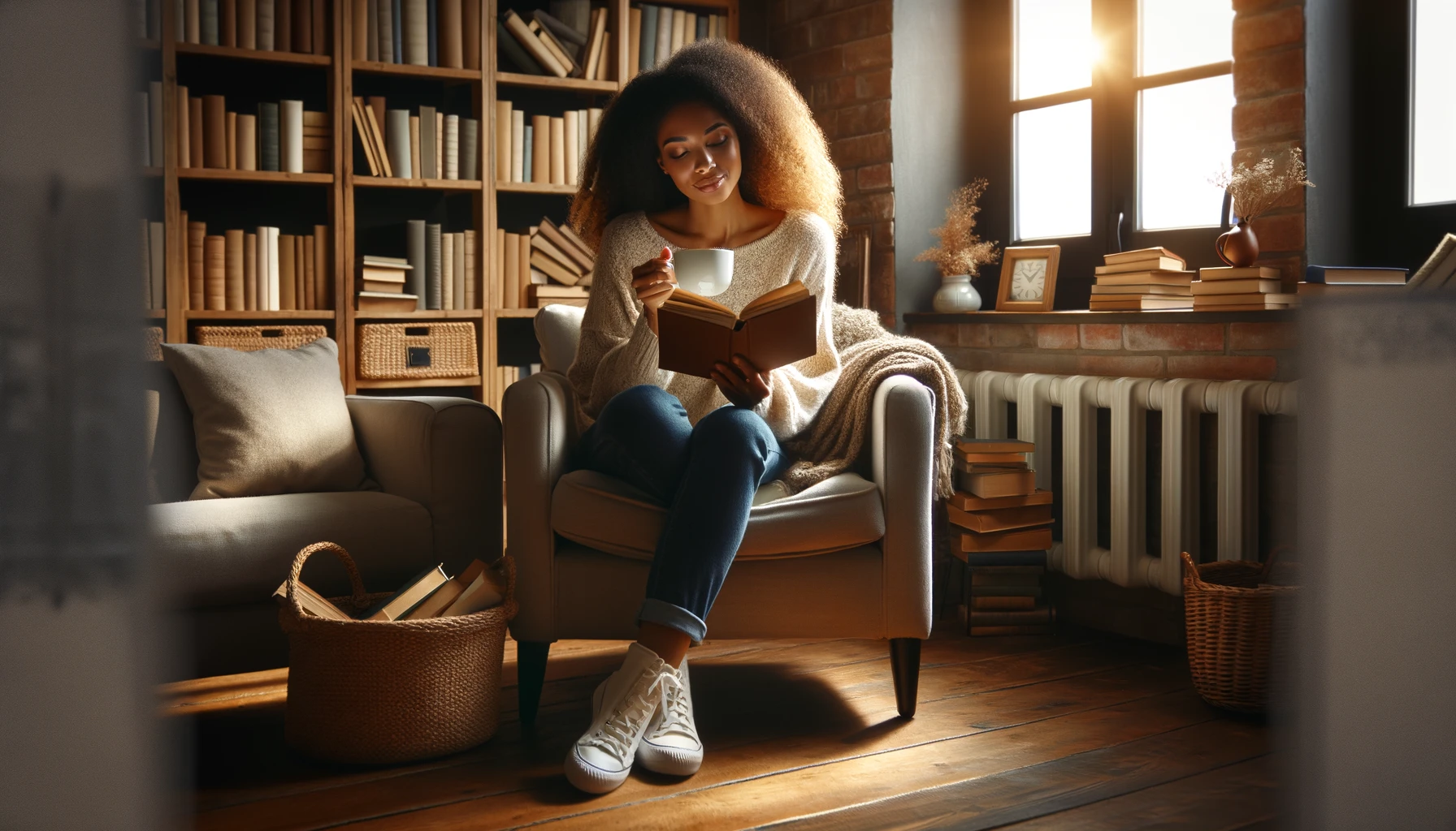 Balancing Alone Time and Socializing: A cozy, well-lit room with a person reading a book and sipping tea.