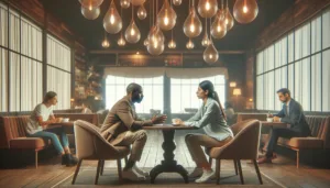 Post-breakup etiquette: two individuals standing separately.