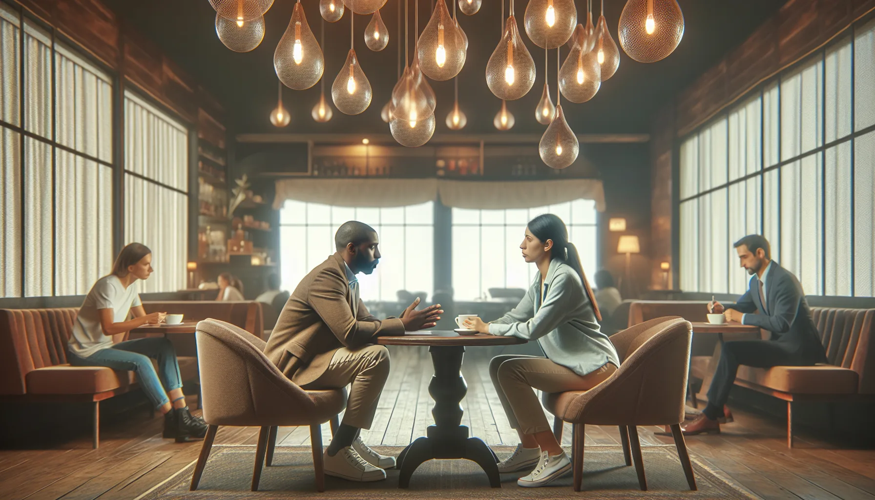 Post-breakup etiquette: two individuals standing separately.