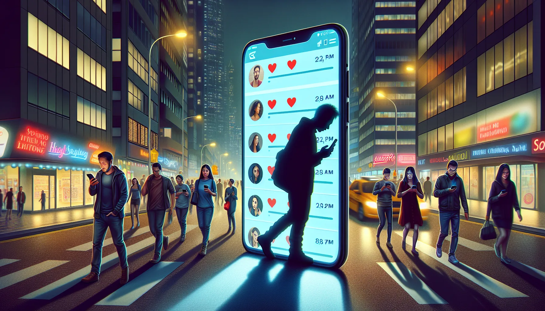 Dating Fatigue: A realistic yet symbolic illustration showing a person walking through a crowded city street at night, their shadow elongated and carrying the shape of an oversized smartphone.