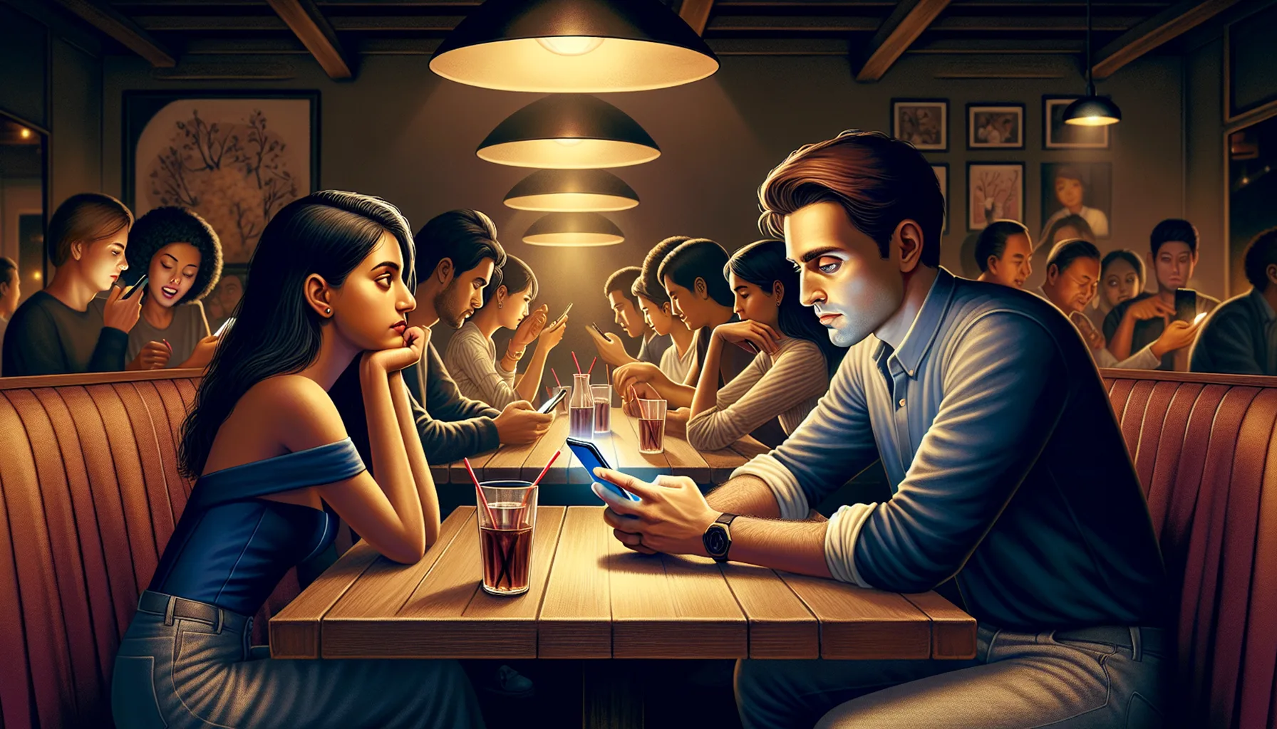 Dating Fatigue: a young couple on a date both of their expressions a mix of boredom and apathy.