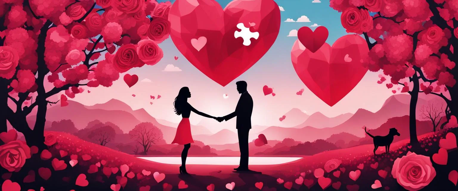 Love Bombing: A silhouette of a couple surrounded by hearts and roses and puzzle pieces.